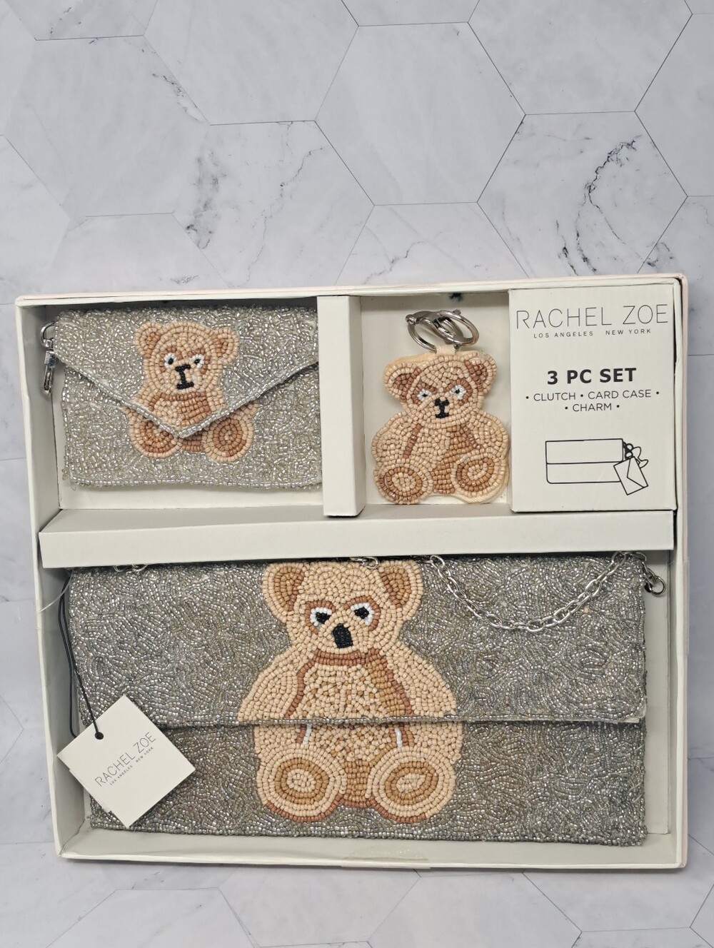 Rachel Zoe Beaded Teddy Bear Clutch, Wallet and Key Chain 3-Piece Set NWT.